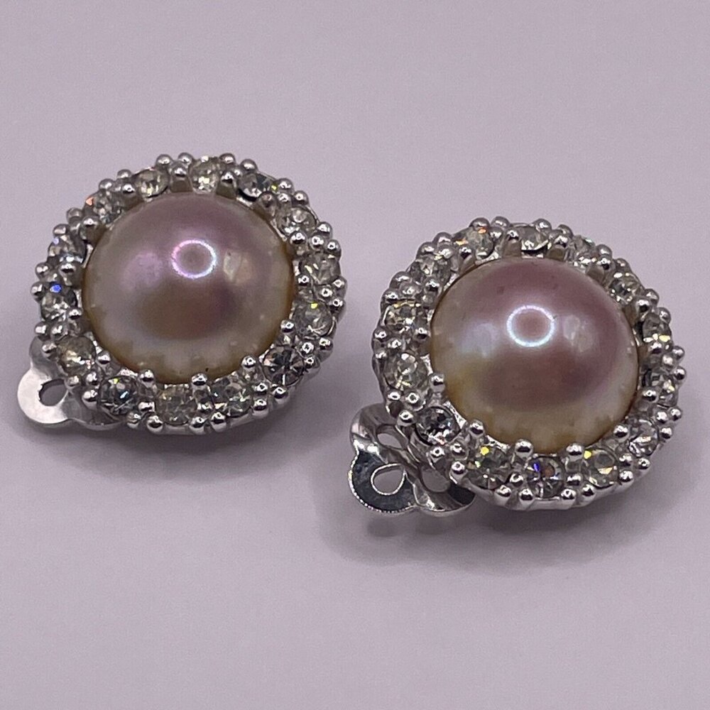 CINER Faux‎ Pearl Rhinestone Silver Tone Clip On Round Earrings Vintage AL5.2